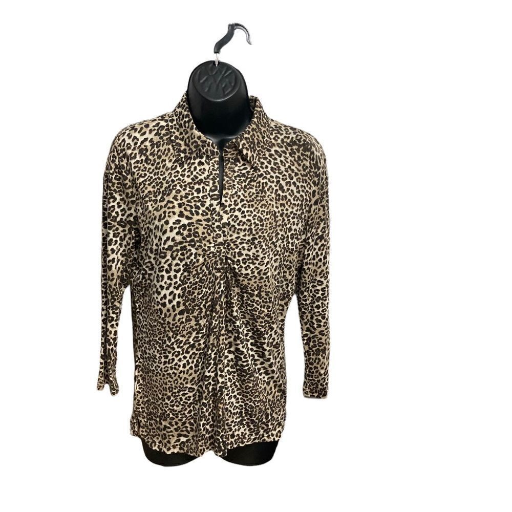 ANN TAYLOR, Women’s Brown‎ Animal Print Top, Size Medium, long sleeves, ruched